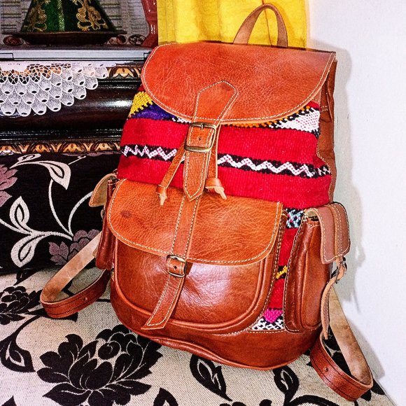 Vintage Kilim and Genuine Leather Backpack Bohemian Moroccan Unisex Handmade main image 5